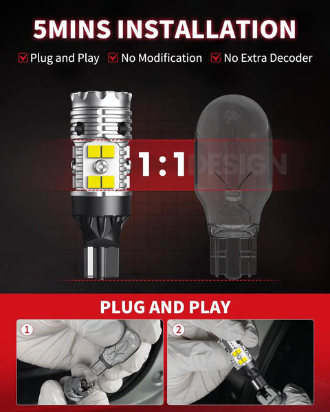 Ultra Bright 921 912 LED Back Up Light Bulbs, 3000Lm Per Set, 6000K Xenon White, illustration of plug and play installation, CANBUS Error Free