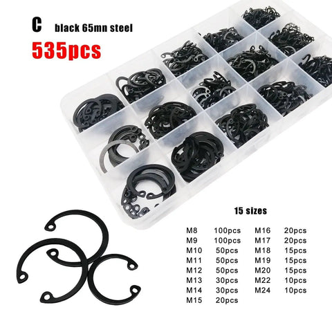 Pro Grade Multi Size Internal Circlip Snap Ring Set Kit 8-24mm Stainless Steel 304 Black 65Mn High Tensile Shaft Retaining Clips 535pcs