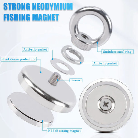 Powerful 150 Lb Neodymium Magnetic Lifting Set, Heavy Duty Salvage Magnets, showing components and assembly instructions.
