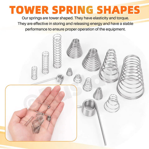 Stainless Steel Conical Compression Spring Set 123-Piece 10-Size Assortment Kit with tapered small springs for DIY projects.