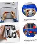 Person using insulated magnetic work mat for electronics repair, antistatic soldering pad, high temperature silicone pad.