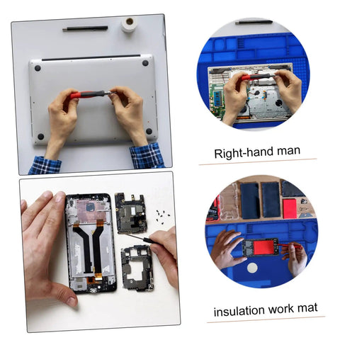Person using insulated magnetic work mat for electronics repair, antistatic soldering pad, high temperature silicone pad.