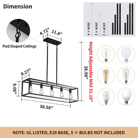 Farmhouse Kitchen Island Light With Black Matte Finish, Modern Industrial Five Light Linear Pendant Fixture dimensions and bulbs