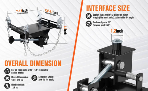 Universal Transmission Jack Adapter dimensions and specifications overview, 1/2 ton capacity, heavy duty iron, rust resistant finish.