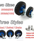 Heavy Duty Pneumatic Swivel Casters With Inflatable Rubber Tires And Quick Side Brakes To Roll Storage Drawers Or Bench Tables Slick As Whistle Across Garage Floors Without The Stress Or Damage; showing 200mm and 250mm sizes.