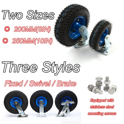 Heavy Duty Pneumatic Swivel Casters With Inflatable Rubber Tires And Quick Side Brakes To Roll Storage Drawers Or Bench Tables Slick As Whistle Across Garage Floors Without The Stress Or Damage; showing 200mm and 250mm sizes.