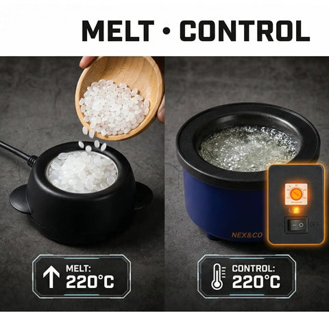 Straight Up General Purpose Hot Melt Glue Beads For Crafting 1 Pound Bag clear pellets melting in a black electric glue pot.