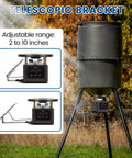 Set It Forget It Digital Auto Deer Feeder Timer Kit With Integrated Solar Panel and Precise Programming Controls Telescopic Pole Mount and Metal Spinner showing adjustable bracket from 2 to 10 inches.