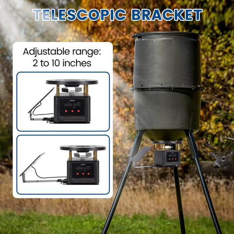 Set It Forget It Digital Auto Deer Feeder Timer Kit With Integrated Solar Panel and Precise Programming Controls Telescopic Pole Mount and Metal Spinner showing adjustable bracket from 2 to 10 inches.