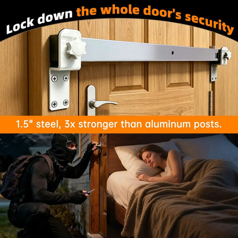 Heavy Duty Stainless Steel Door Security Bar Featuring Tough As Nails Anti Collision Design And Ridiculously Strong Forced Entry Blocking For Reliable Home Defense With Easy One Hand Operation, installed on a door.