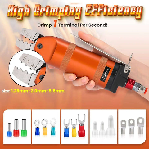 Beast Fast Pneumatic Wire Crimping Tool For Terminals 1.25mm To 2.0mm To 5.5mm, highlighted with terminal sizes, in hand