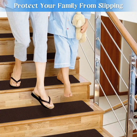 Woman and child walking on stairs with Non Slip Stair Treads Carpet Indoor 14 Pack For Wooden Steps Anti Moving Stair Rugs.