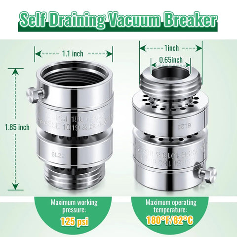 Self Draining Vacuum Breaker For Hose Backflow Prevention Hassle Free, Compatible With Arrowhead Brass PK1390, metallic cylinders
