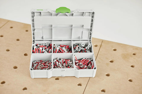 Festool DuoPower Anchor Set 5 6 8 10 Mm With 6 x 35 Chipboard Anchors In MINI Systainer S 76 open view on table