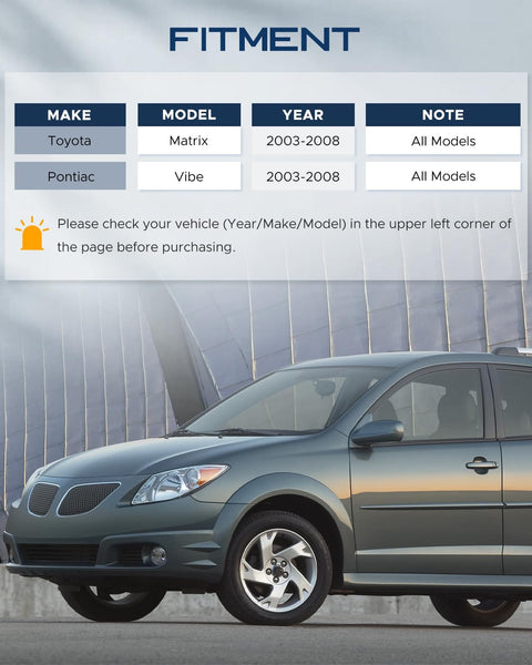 Pontiac Vibe parked in front of a building, with fitment guide for Toyota Matrix and Vibe 2003-2008 models displayed above.