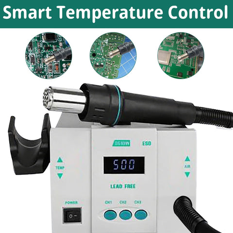 Hot Air Rework Station 1000W With 7 Nozzles, LCD Display, Showing Smart Temperature Control and Soldering Applications
