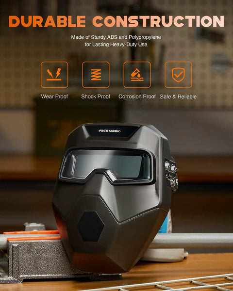 True Color Auto Darkening Welding Goggles Shade 4/5-9/9-13 With Grind Mode on a workbench with durable construction text