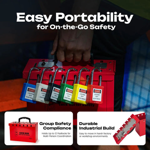 Workhorse OSHA Compliant Lockout Tagout Box Rugged Red Steel Padlock Holder With Carry Handle For Team Maintenance Jobs Locks Down Power Sources Tight And Keeps The Crew Secure