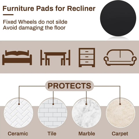 Infographic showing Two Pack 27.25 Inch Round Non Skid Rubber Furniture Pads for various surfaces like ceramic, tile, marble, carpet.