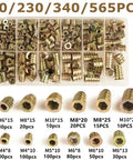 Pro Grade Zinc Alloy Screw In Insert Nuts Assortment M4 M6 M8 M10 Flanged Hex Drive furniture hardware, 565 pcs kit in tray.