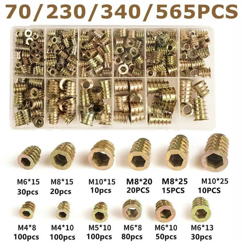Pro Grade Zinc Alloy Screw In Insert Nuts Assortment M4 M6 M8 M10 Flanged Hex Drive furniture hardware, 565 pcs kit in tray.