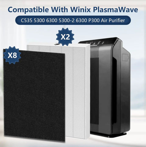 115115 Replacement Filter A Size 21 for Winix PlasmaWave with two True HEPA filters and eight carbon pre-filters next to air purifier