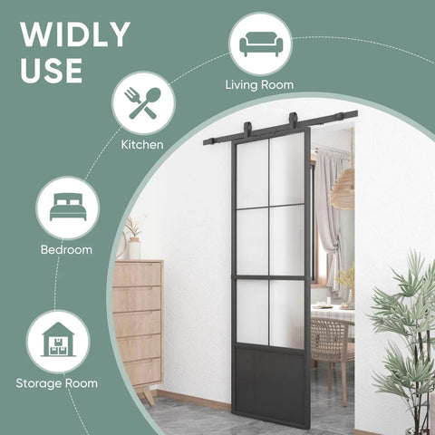 30 Inch By 84 Inch Frosted Tempered Glass Sliding Barn Door With Pre Drilled Carbon Steel Frame Includes 5ft Hardware Kit And Soft Close Mechanism installed in home