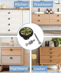 Four Pack Black Map Block Cabinet Pulls for Cabinets and Drawers, displayed with kitchen, washbasin, nightstand, and locker use