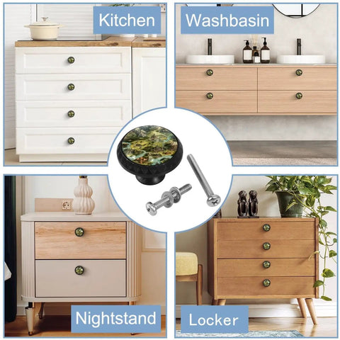 Four Pack Black Map Block Cabinet Pulls for Cabinets and Drawers, displayed with kitchen, washbasin, nightstand, and locker use
