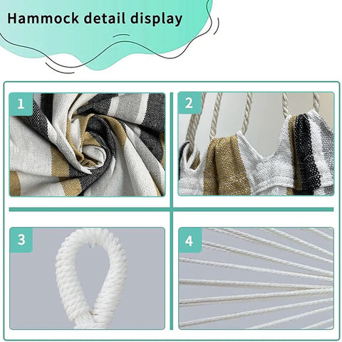 Weatherproof Hammock Chair Stand With Hanging Swing Chair Included details showing fabric, rope, and stitching.