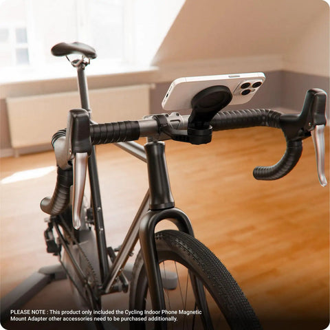 MagSafe Phone Mount Adapter For Indoor Spin Sessions Compatible With Wahoo Bike Mount, attached to bike handlebars