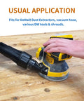 Top Shelf Universal Quick Connect Adapter for DeWalt Dust Extractors connected to a sander, showcasing hose attachment functionality.