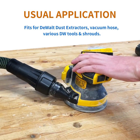 Top Shelf Universal Quick Connect Adapter for DeWalt Dust Extractors connected to a sander, showcasing hose attachment functionality.