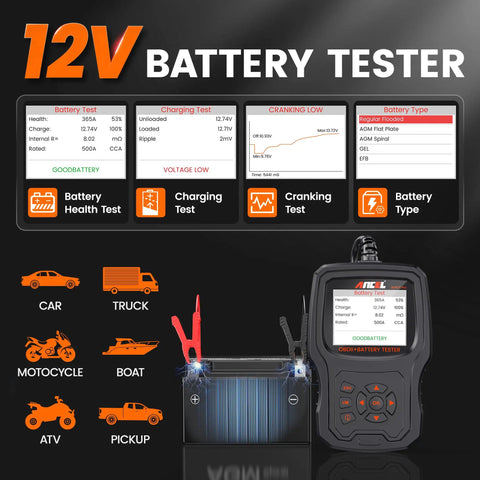 12V battery tester display with 2-In-1 OBD2 Scanner And Battery Tester For Quick Engine Light Diagnosis And Battery Health Check, Reads And Clears DTCs, 12V Cranking And Charging Tests, SOH SOC CCA 100-2000 For 1996 And Newer Cars.