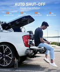 Person using Portable Tire Inflator And Air Compressor With Dual Power Battery And 12V DC Car Bike Motorcycle Pump 150 PSI Cordless