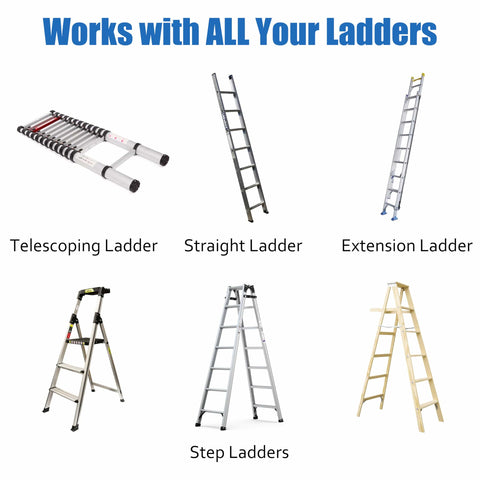 Image showing six types of ladders: telescoping, straight, extension, and step ladders, suitable for Ladder Storage Pulley Hoist Self Locking Hanger For Garage Ceiling Lift System Holds 100 Lb, Fits 10 To 18 Foot Ceilings, Great For Kayaks, Bikes, Surfboards And Lightweight Gear use.