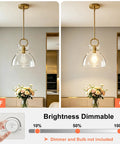 Super Sleek Brushed Gold Pendant Light For Kitchen Island Featuring Fully Adjustable Hanging Cord And Large Clear Glass Shade creating a modern vibe with dimmable brightness.
