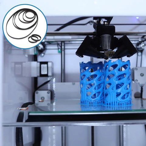 Eight Piece Timing Belt Set For 3D Printers Open Synchronous Belts 6mm Wide shown near 3D printer with blue print