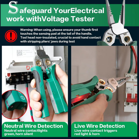 8-In-1 Wire Crimper Stripper With Voltage Tester And Dual Alarms, Heavy-Duty 12-250V AC DC Tester For Hot And Neutral Wires, The Go-To Electrician HVAC And Car Repair Tool For Stripping Crimping Cutting And Testing, green handled pliers testing live and neutral wires