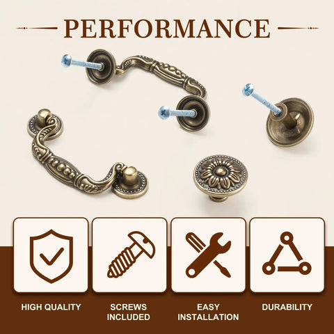 12 Piece Bail Handle Drop Pulls And Vintage Flower Cabinet Knobs In Antique Bronze Beaded Style For Drawer And Dresser With 3 Inch Hole Spacing
