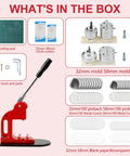 Heavy Duty Metal Button Maker Machine Pro Setup 32MM And 58MM Pin Press Kit with circle cutters and molds displayed.