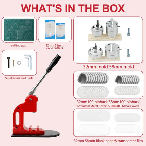 Heavy Duty Metal Button Maker Machine Pro Setup 32MM And 58MM Pin Press Kit with circle cutters and molds displayed.