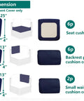 Outdoor Cushion Covers Replacement Set 14 Piece For 7 Piece 6 Seater Wicker Rattan Sectional Sofa Patio Slipcovers With Seat Back And Waist Covers Blue shown with dimensions for seat, back, and small waist covers.