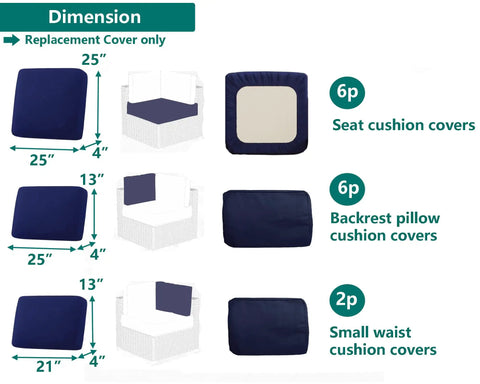 Outdoor Cushion Covers Replacement Set 14 Piece For 7 Piece 6 Seater Wicker Rattan Sectional Sofa Patio Slipcovers With Seat Back And Waist Covers Blue shown with dimensions for seat, back, and small waist covers.