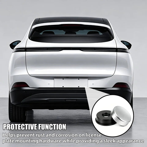 Tough As Nails Eight Pack Silver License Plate Screw Caps Durable Plastic Bolt Covers on a white car for a sleek look.