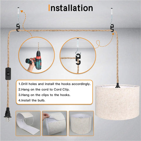 Installation guide for Plug And Play Boho Pendant Light With 16 FT Natural Linen Shade And Integrated On Off Switch Hemp Cord.