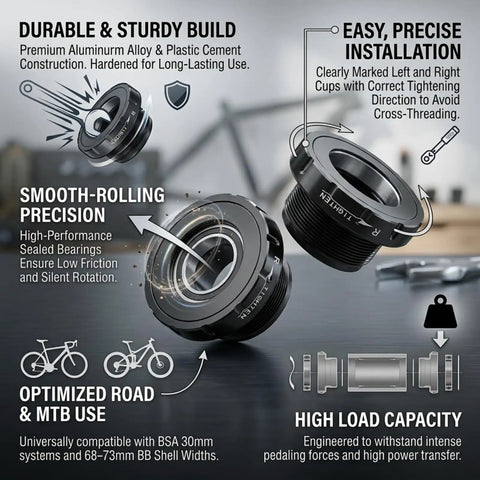 Diagram of 30mm External Bottom Bracket for 30mm Cranks Compatible with Rotor and Race Face, showing features for road bikes.
