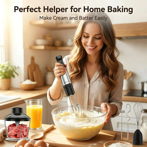 Woman using Powerhouse 1200W 8-In-1 Hand Blender With 5-Speed Precision Control Immersion Stick Mixer Set for batter.
