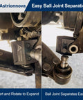 Astrionnova dual-end suspension strut spreader tool, black metal for lower ball joints; front and side views.