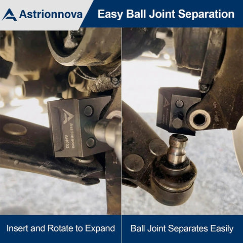 Astrionnova dual-end suspension strut spreader tool, black metal for lower ball joints; front and side views.
